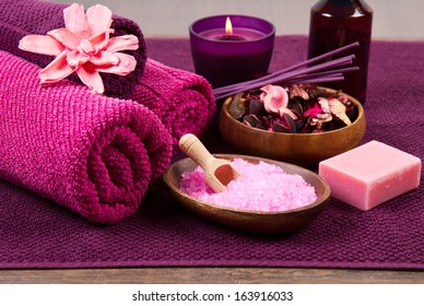 Pink Spa Tools With Candle Amd Towel