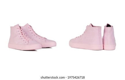 Pink Sport Running Shoes Or Sneakers On Isolated Background. Side And Back View   