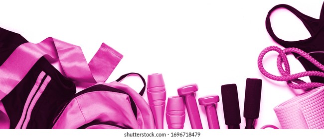 Pink Sports Equipment For Fitness And Gymnastics On White Background. Flat Lay And Top View