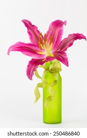 Pink Stargazer Lily In Green Vase With Ribbon