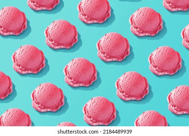 Pink strawberry ice cream pattern on pastel blue background. Summer minimalism. Isometric flat lay. Trendy collage balls of ice cream on a blue background.Creative art minimal aesthetic