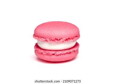 Pink Strawberry Macaroon Isolated On White Background. French Cookie. Raspberry Purple Cake In A Front View. Bakery Concept With Blank Space