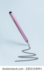 Pink stylus for tablet on blue background. Vertical. Stylus for drawing on the touch screen