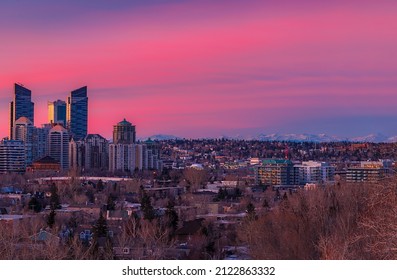 Pink sunrise over downtown Calgary