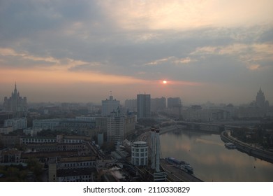 Pink Sunrise Over The Hazy City Of Moscow