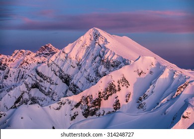 Pink Sunset In Caucasus Mountains