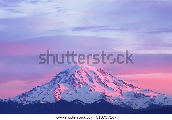 Pink Sunset Light On Mount Rainier Stock Photo (Edit Now) 110739167