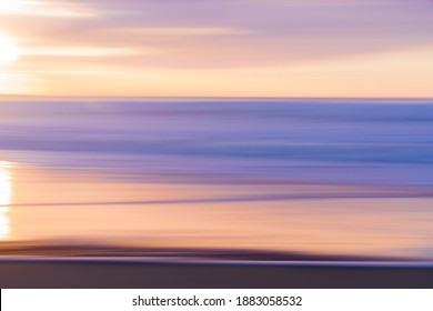 Pink Sunset On The Beach Abstractbackground.. Motion Blur, Line Art In Light Soft Blue, Yellow, Purple  And Pink Colors