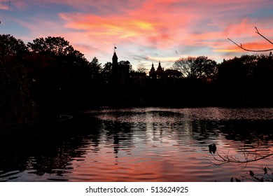 Pink Sunset Over Belvedere Castle And Turtle Pond In Central Par