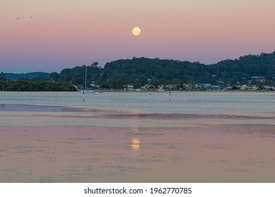 The Pink Supermoon Sunset Waterscape, 99% Full Moon Rising In Woy Woy, NSW, Australia.