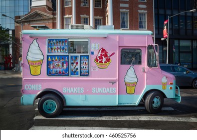 Pink and teal ice cream shake sundae truck van on a street in New York City - July 29, 2015, Battery Plaza, New York City, NY, USA