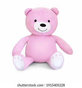 pink teddy bear, play toy for small children. Isolated on white background with natural shadow. Pink mole cricket toy on white bg. Molecricket plaything on white bg.