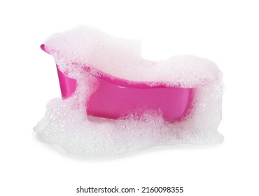 Pink Toy Bathtub With Foam Isolated On White