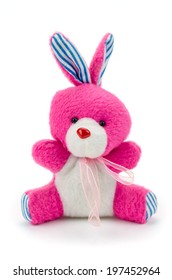 Pink Toy Bunny Rabbit Sitting. Isolated White Background.