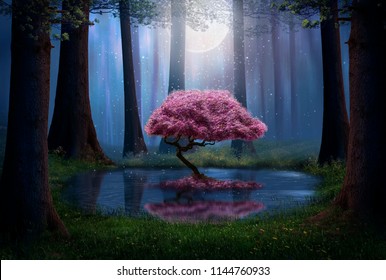 Pink tree and pond in the forest at night. Photomanipulation. - Shutterstock ID 1144760933