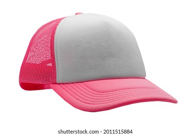 Pink Trucker cap isolated on white background. Basic baseball cap. Mock-up for branding.