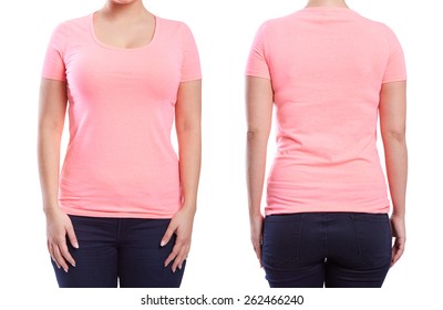 Pink Tshirt On A Young Woman Template On White Background