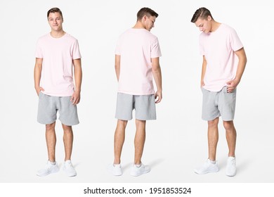 Pink T-shirt And Shorts Men's Basic Wear Full Body