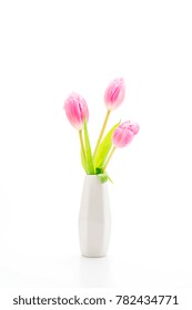 Pink Tulip Flower In Vase Isolated On White Background