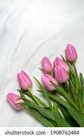 Pink Tulips Flower Background. Top View Copy Space. Springtime Concept Greeting Card Valentine's Day Birthday March 8 Mother's Day