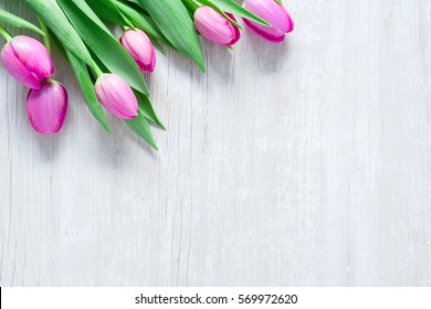 Pink Tulips Flowers  on wooden table for March 8, International Womens Day, Birthday , Valentines Day or Mothers day - Closeup