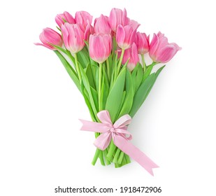 Pink Tulips Isolated On White Background. Spring Tulip  Flowers Bouquet With A Bow