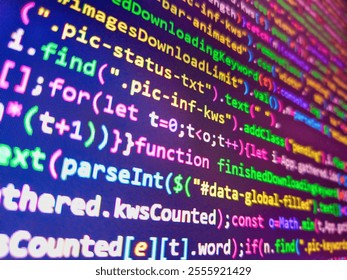 Pink unique background. Colorful digital technology modern background. Genome sequencing. Stock market graph analysis. Monitor with stock data, closeup. Hacker monitor program. Javascript code.