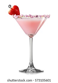 Pink Valentine Day Cocktail With Strawberry In Martini Glass