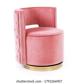 Pink Velvet Swivel Slipper Chair With Tufted Back Isolated On White. Side View Modern Accent Arm Chair. Lounge Armchair With Upholstered Wings Armrests. Interior Furniture