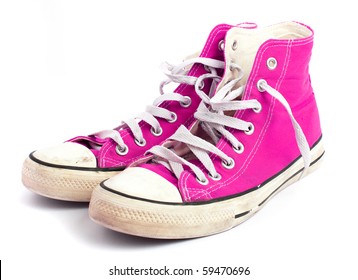 Pink Vintage Sneakers On White Background.