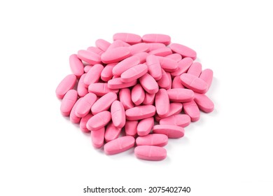 Pink Vitamin Pills For Women On A White Background. Multivitamins For Women's Health, Isolate, Free Space