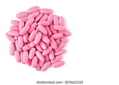 Pink Vitamin Pills For Women On A White Background. Multivitamins For Women's Health, Isolate, Free Space