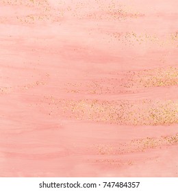 Pink Watercolor Background With Golden Glitter. Abstract Hand Painted Backdrop.