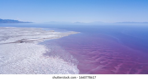 Pink Waters Of The Great Salt Lake Near The Spiral Jetty 