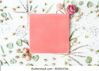 Pink Wedding Or Family Photo Album, Roses, Lavender, Branches, Leaves And Petals Isolated On White Background. Flat Lay, Overhead View