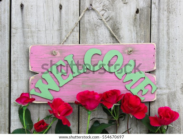 Pink Welcome Sign By Row Red Stock Photo (Edit Now) 554670697