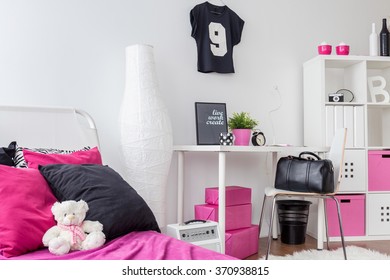 Pink, White And Black Girly Room. Bedroom And Study Combined