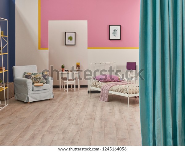 Pink White Dark Blue Wall Yellow Stock Photo Edit Now