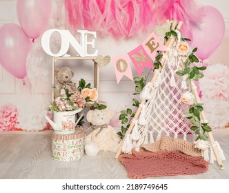 Pink And White Decoration For A 1st Birthday Cake Smash Studio Photo Shoot With Balloons, Paper Decor, Cake And Topper. High Quality Photo