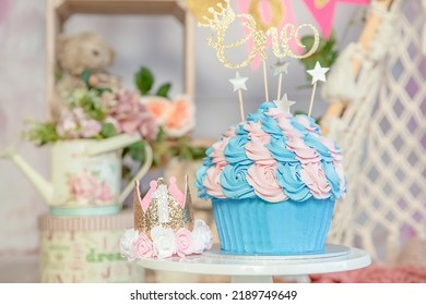 Pink And White Decoration For A 1st Birthday Cake Smash Studio Photo Shoot With Balloons, Paper Decor, Cake And Topper. High Quality Photo