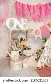 Pink And White Decoration For A 1st Birthday Cake Smash Studio Photo Shoot With Balloons, Paper Decor, Cake And Topper. High Quality Photo