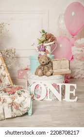 Pink And White Decoration For A 1st Birthday Cake Smash Studio Photo Shoot With Balloons, Paper Decor, Cake And Topper. High Quality Photo