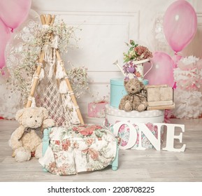 Pink And White Decoration For A 1st Birthday Cake Smash Studio Photo Shoot With Balloons, Paper Decor, Cake And Topper. High Quality Photo