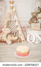 Pink And White Decoration For A 1st Birthday Cake Smash Studio Photo Shoot With Balloons, Paper Decor, Cake And Topper. High Quality Photo