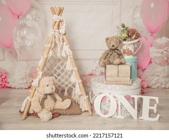 Pink And White Decoration For A 1st Birthday Cake Smash Studio Photo Shoot With Balloons, Paper Decor, Cake And Topper. High Quality Photo