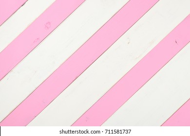 Pink And White Diagonal Slanted Striped Shiplap Boards With Room Or Space For Copy, Text Or Design. A Horizontal Crop Background But Can Be Vertical.  Faux Painted And Distressed Style That Is Trendy 