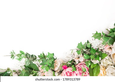 Pink and white flower with green leaves border on white background