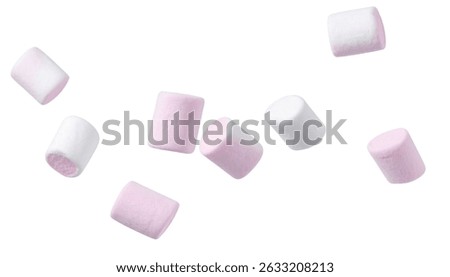Pink and white mini marshmallows bouncing on a transparent background, perfect for sweet and fun projects