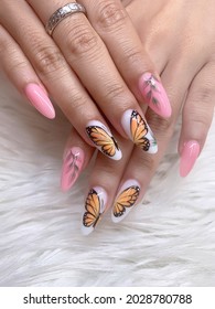 Pink And White Nails Art Design, Butterfly Nails, Summer Nail Art