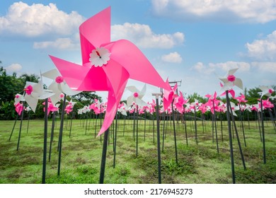 Pink And White Plastic Windmills Toy On Green Grass And Blue Sky Background. Small Plastic Colorful Turbine And White Cloud, Pin Wheel In Nature